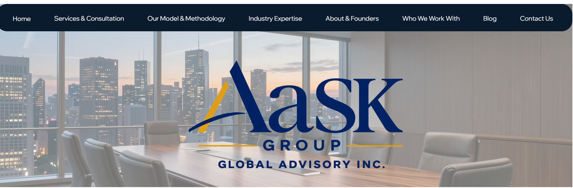 AaSK Group Global Advisory logo over an executive boardroom with city views